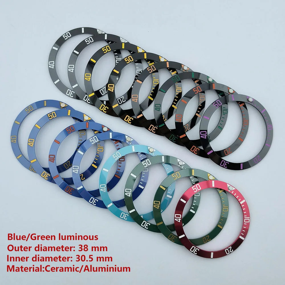 insert bezel ceramic/aluminium 38mm high quality green/blue luminous bezel is tilted for 40mm case watch repair tools