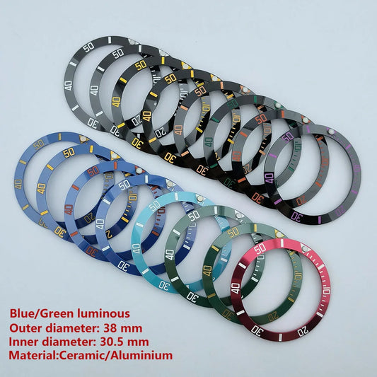 insert bezel ceramic/aluminium 38mm high quality green/blue luminous bezel is tilted for 40mm case watch repair tools