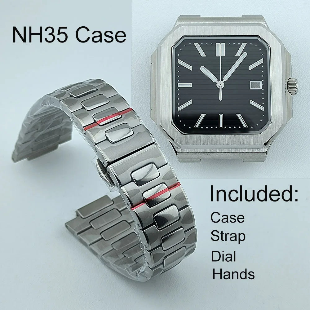 NH35 Watch Case Square Men's Foldingclasp WatchBand For Nau Modified Fit NH35 NH Series Movement Sapphire Crystal Glass