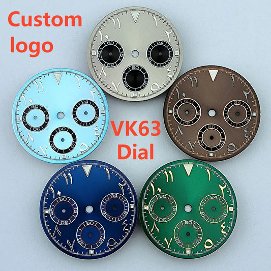 NEW VK63 chronograph dial Custom logo Arabic numeral panda dial 29mm green glowing fit VK63 quartz movement watch Repair tools