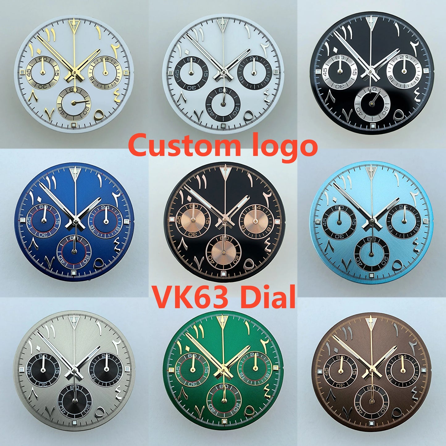 NEW VK63 chronograph dial Custom logo Arabic numeral panda dial 29mm green glowing fit VK63 quartz movement watch Repair tools