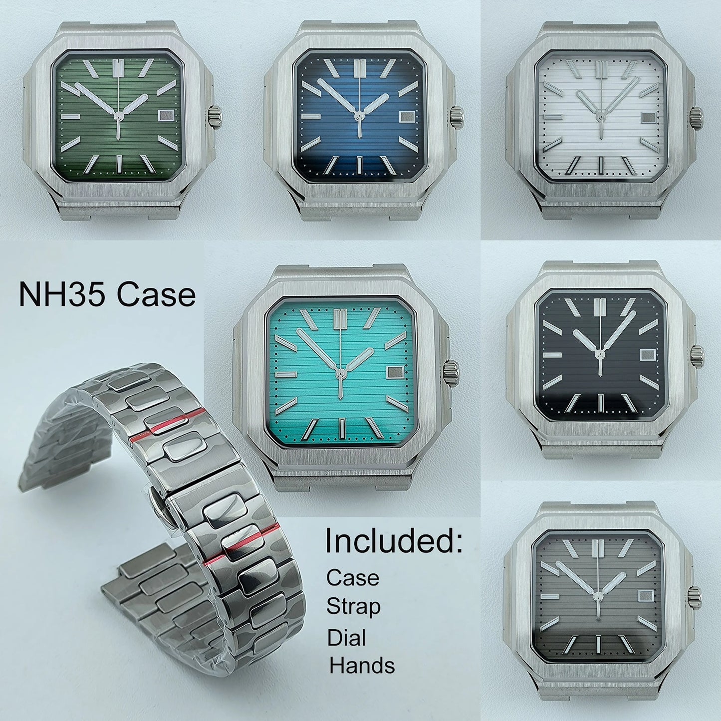 NH35 Watch Case Square Men's Foldingclasp WatchBand For Nau Modified Fit NH35 NH Series Movement Sapphire Crystal Glass