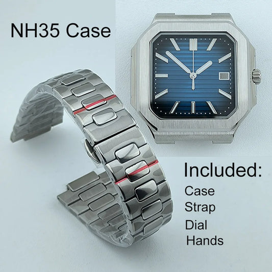 NH35 Watch Case Square Men's Foldingclasp WatchBand For Nau Modified Fit NH35 NH Series Movement Sapphire Crystal Glass