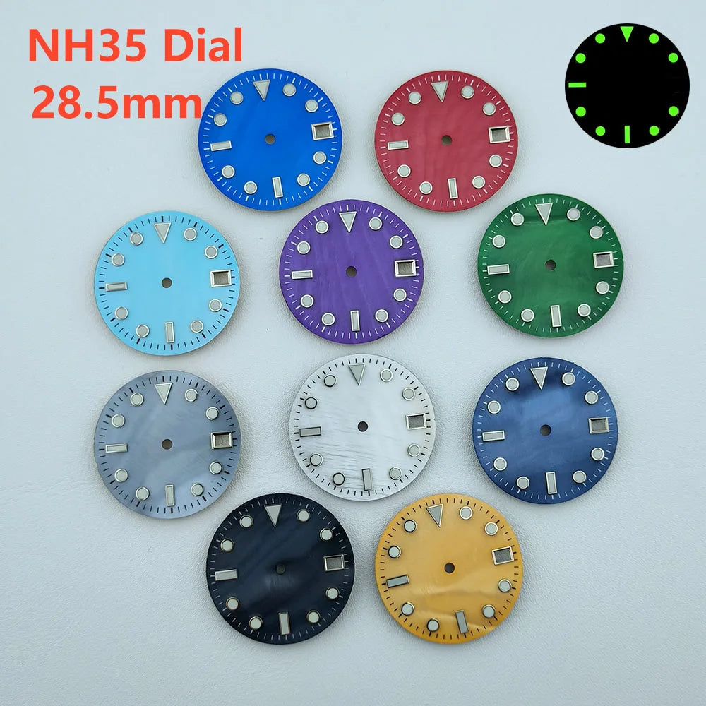 NH35 dial 28.5mm Custom logo luminous Pearl Shell Dial watch dial suitable for NH35 movement watch accessories repair tools