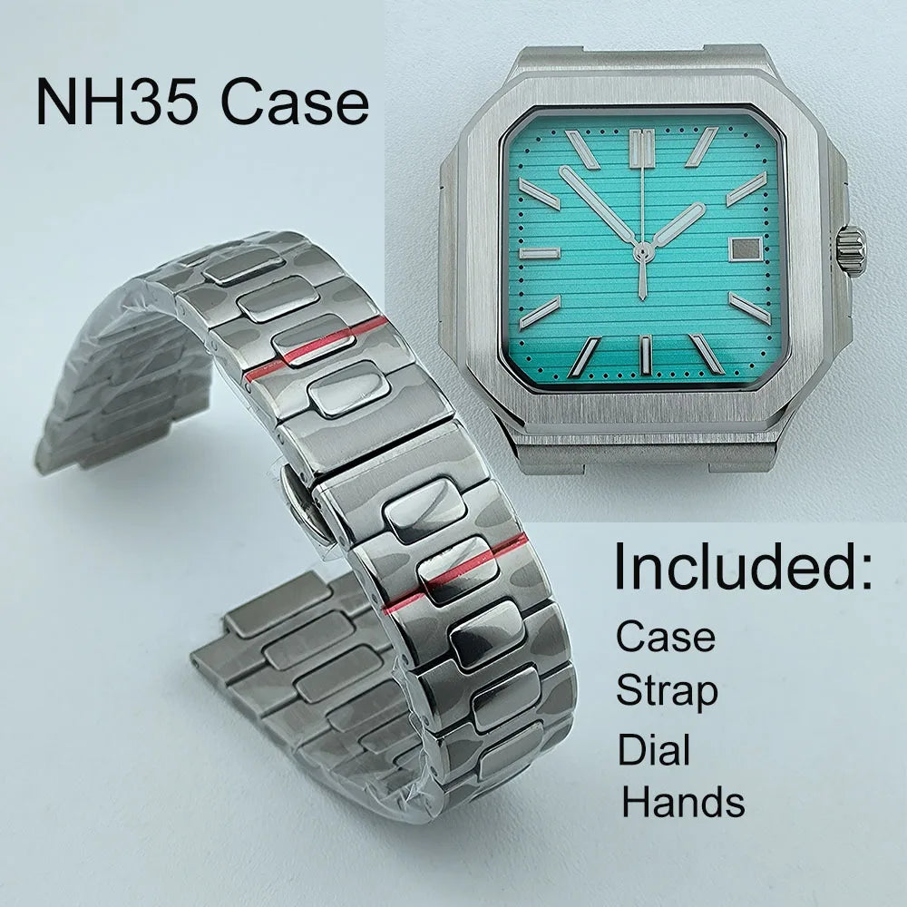 NH35 Watch Case Square Men's Foldingclasp WatchBand For Nau Modified Fit NH35 NH Series Movement Sapphire Crystal Glass