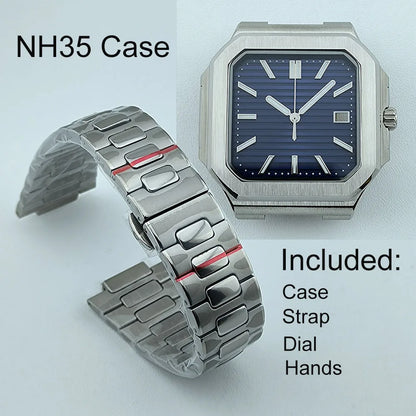 NH35 Watch Case Square Men's Foldingclasp WatchBand For Nau Modified Fit NH35 NH Series Movement Sapphire Crystal Glass